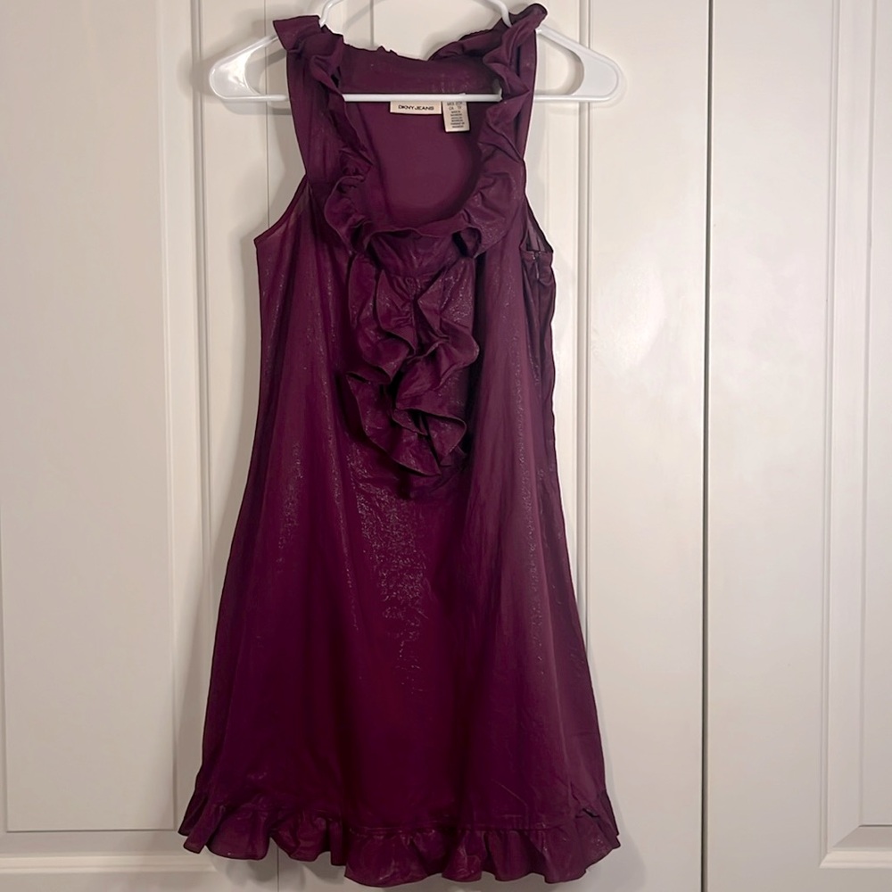 Women’s gently used purple shimmery DKNY Jeans ruffles midi/mini dress size XS.